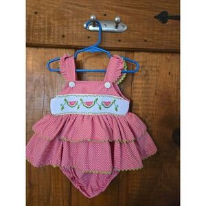 SHRIMP and GRITS Kids Pink Polka Dot Watermelon Smocked Bubble Romper 18M